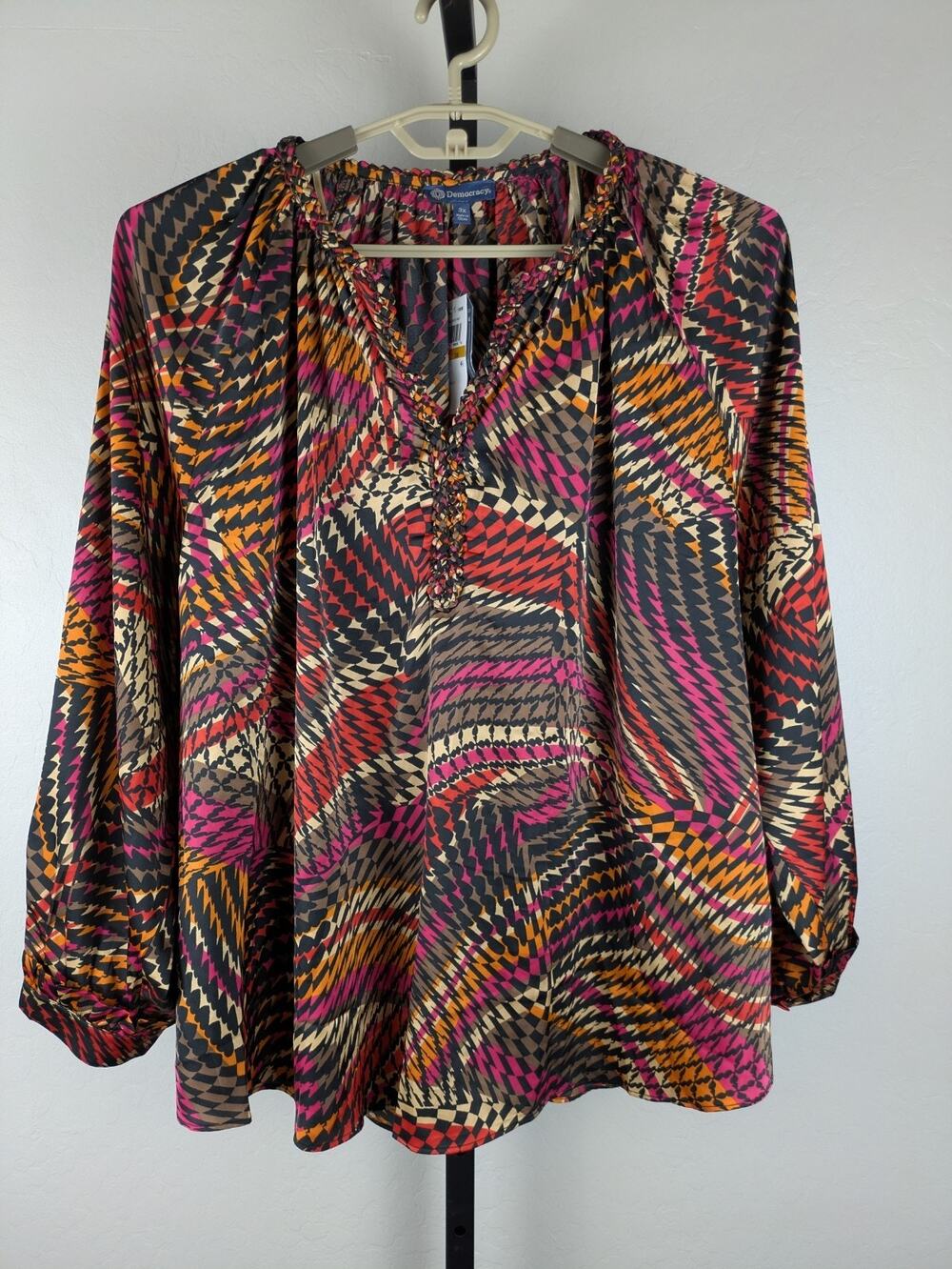 Democracy Long Sleeve Satin Blouse colorful braid detail